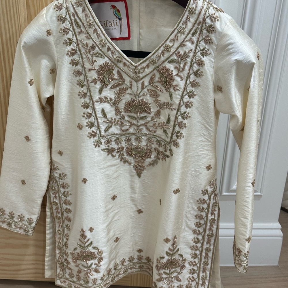 Elegant Cream Embroidered Kurta with gharara size S back zip hand embroidery